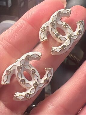 White Enamel Interlocking Logo Crystal Stud Earrings